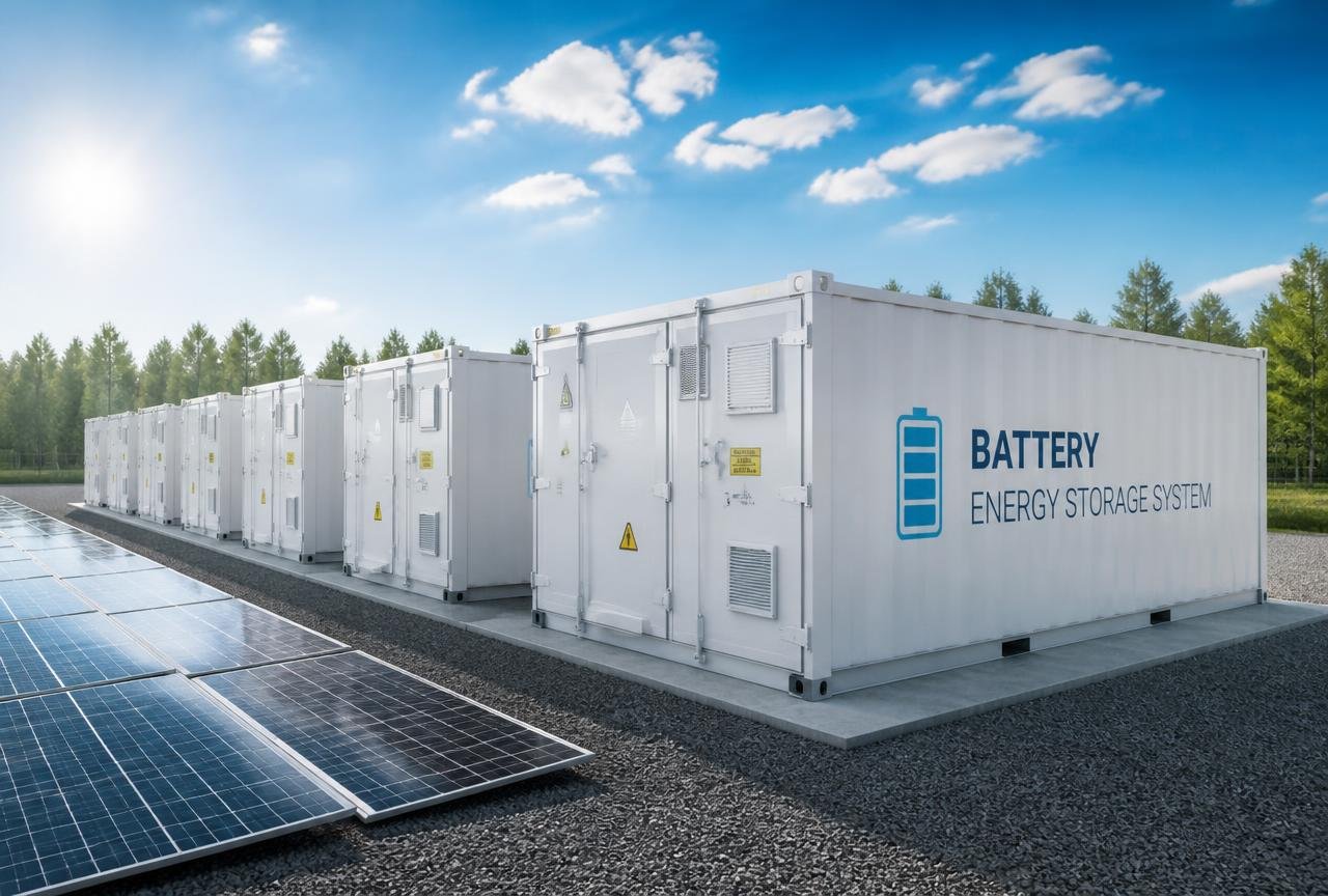 Battery energy storage system containers beside solar panels