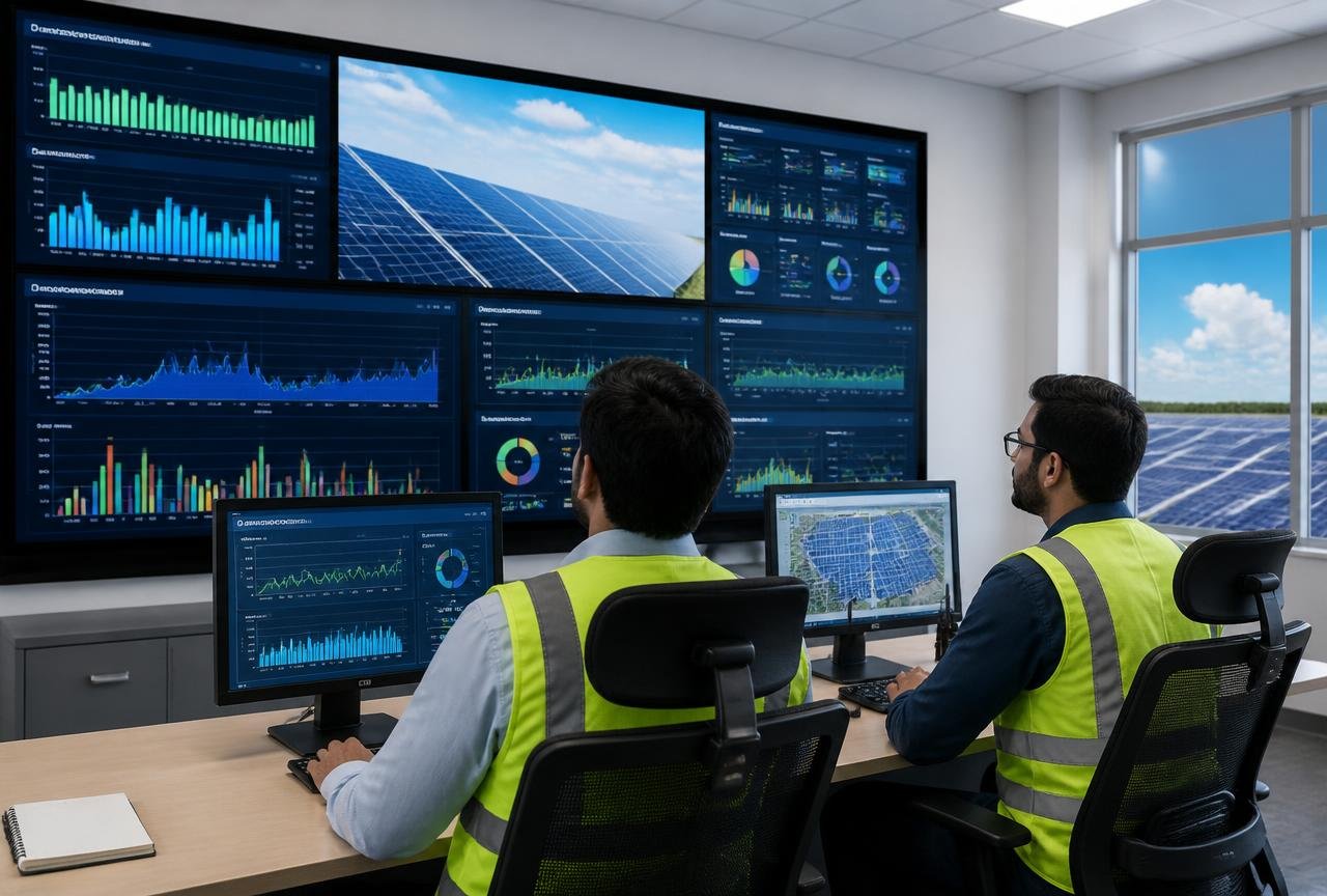 Solar plant control room with monitoring dashboards
