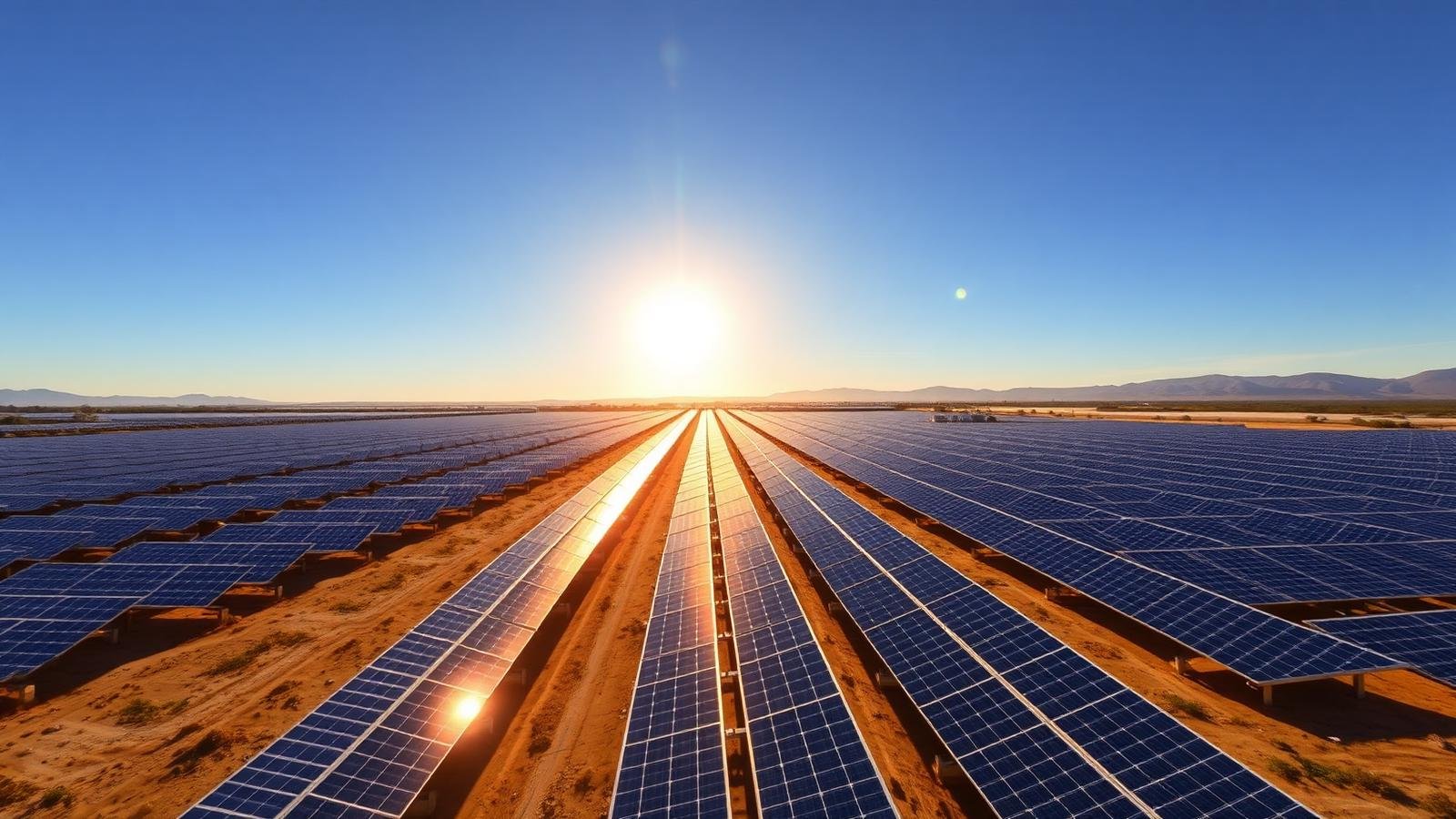 Utility-scale solar farm at sunrise