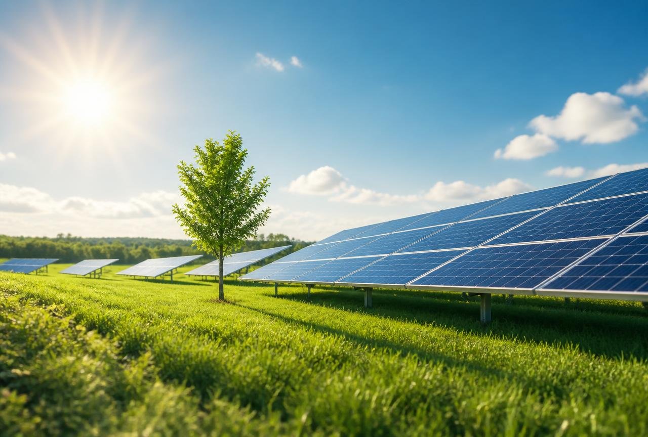 Solar panels in a green field under bright sunlight